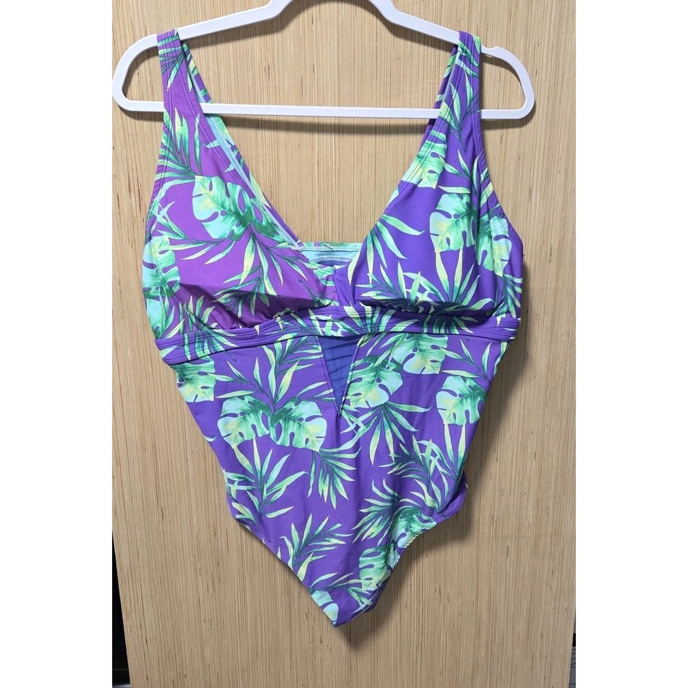 Adore Me 3X Plus Size Women's Swimsuit One Piece Purple Tropical Palms Fern